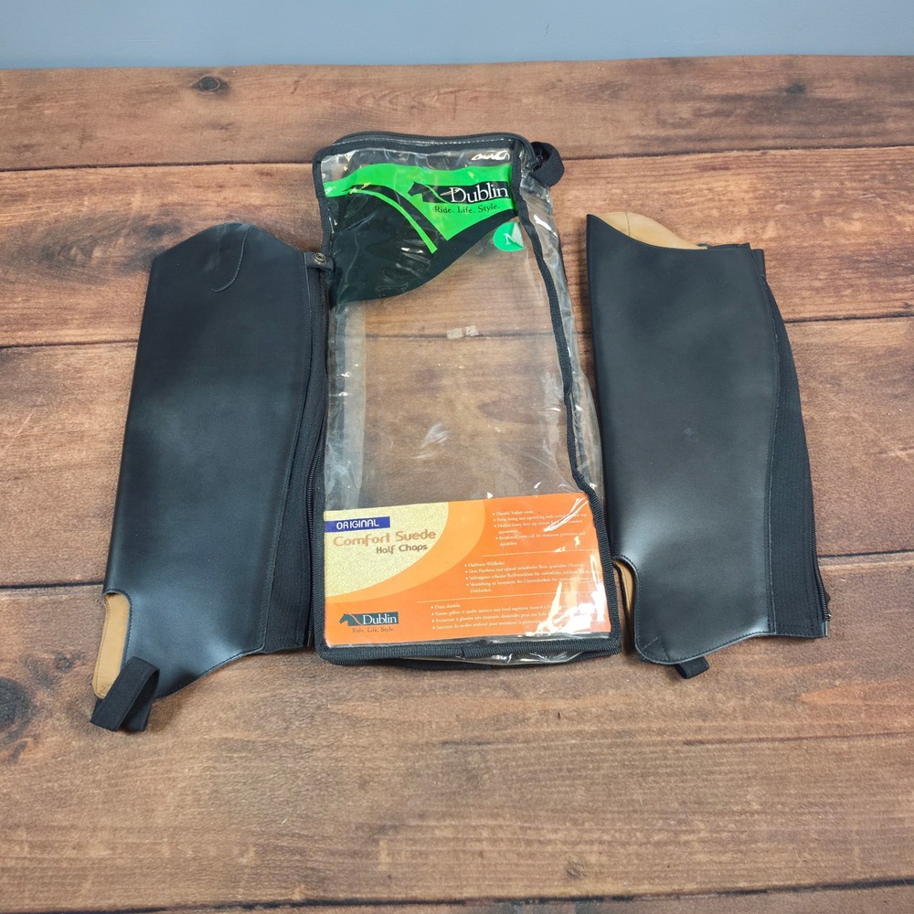 Dover Saddlery Half Chaps Adult Medium Black Good Leather Zipper Snap Closure